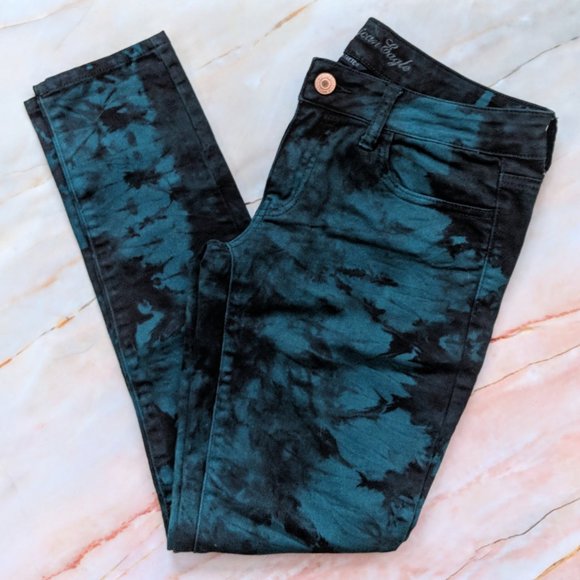 American Eagle Outfitters Denim - AE Tie Dye Teal and Black Stretch Skinny Jeans